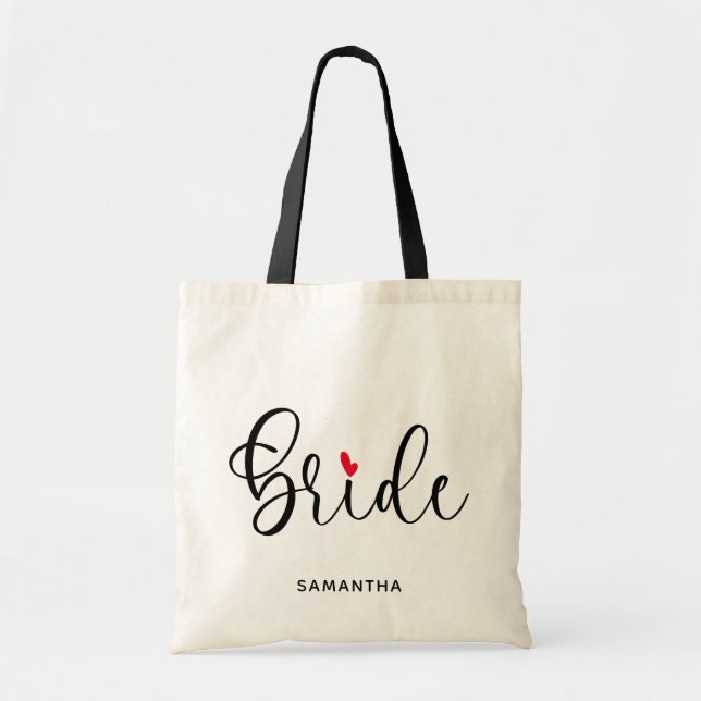 Tote Bag Calligraphie moderne noire Cœur rouge Mariée (Devant)