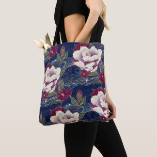 Tote Bag Camélias sur fond bleu foncé