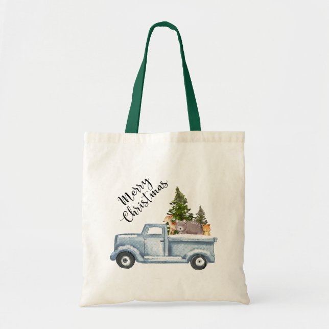 Tote Bag Camion de Noël avec pins et animaux de forêt (Devant)