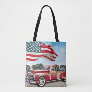 Tote Bag Camion de ramassage rouge : Drapeau américain Vint