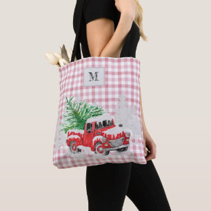 Tote Bag Camion rouge carrossable tartan traditionnel rose