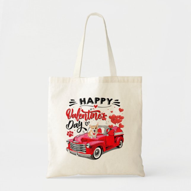 Tote Bag Camion Rouge Corgi Gallois Joyeux Valentines Jour  (Devant)