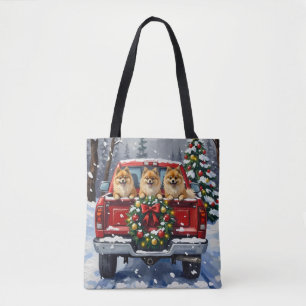Tote Bag Camion Rouge de Noël pour Poméranien, Cadeau de Fê