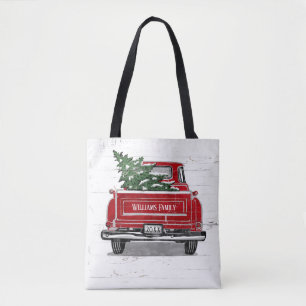Tote Bag Camion rouge Vintage avec sapin de Noël Nom de fa