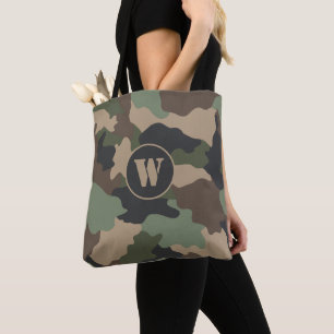 Tote Bag Camouflage Woodland Camo Khaki Tan Black Monogramm