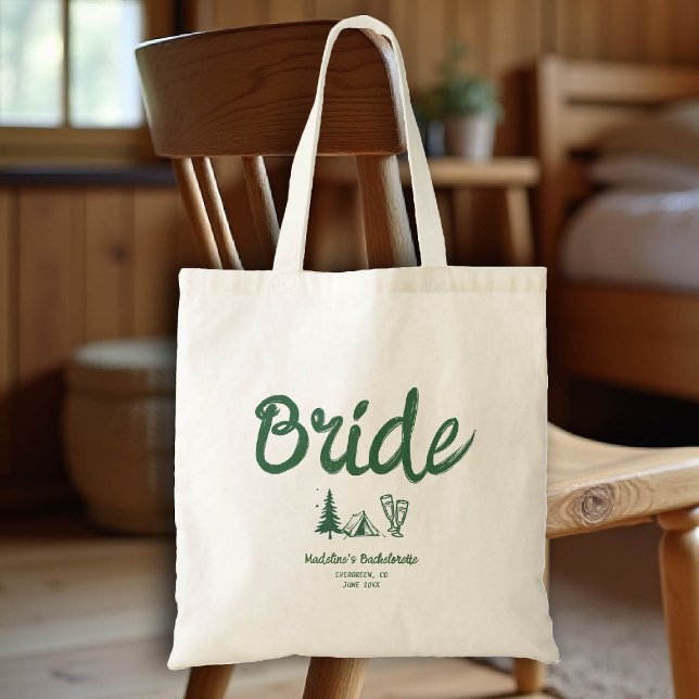 Tote Bag Camp Bachelorette mariée main dessinée écriture ve (camp bachelorette bride tote bag handwriting hand written camping glamping hiking bach)