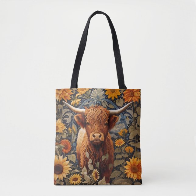 Tote Bag Campagne rustique Highland Cow Sunflowers (Devant)