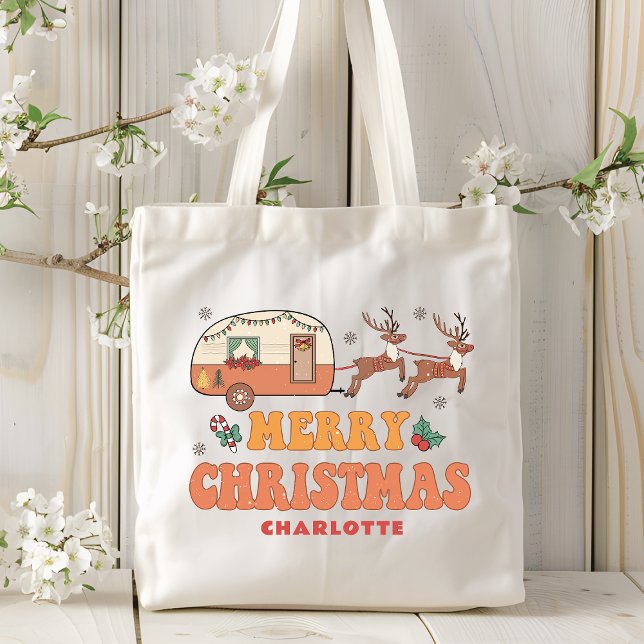 Tote Bag Camping Joyeux renne de Noël Nom personnalisé (Créateur téléchargé)