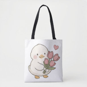 Tote Bag Canard Bébé Mignon Tenant un Bouquet de Tulipes Es