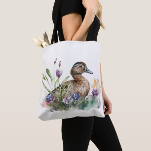 Tote Bag Canard D'Aquarelle En Fleurs