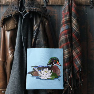 Tote Bag Canard en bois coloré nénuphar faune bleu
