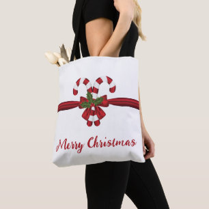 Tote Bag Canne à sucre festive rouge et blanche avec noeud