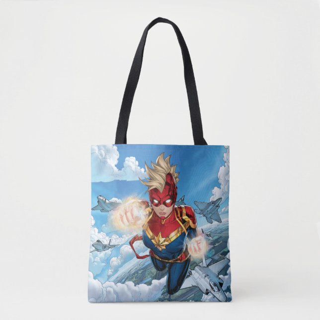 Tote Bag Captain Marvel volant avec des jets (Devant)
