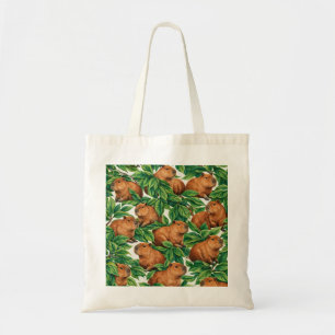 Tote Bag Capybaras dans un motif botanique de feuilles vert