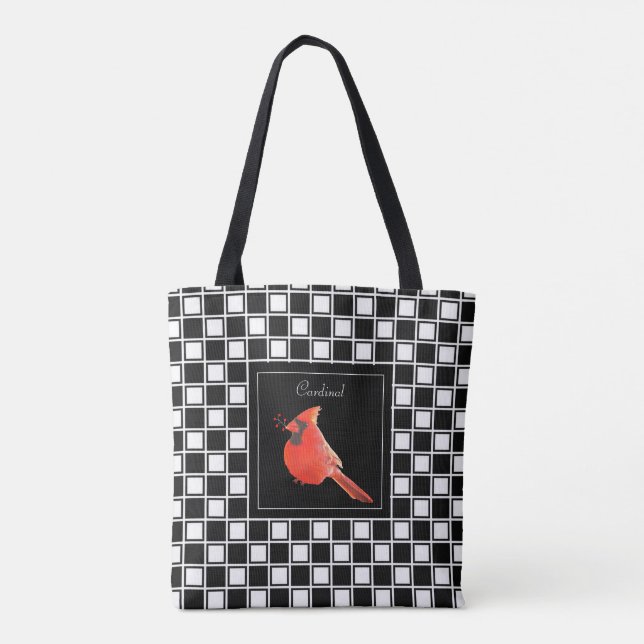 Tote Bag Cardinal oiseau sur noir blanc à damiers motif (Dos)