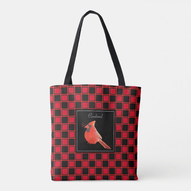 Tote Bag Cardinal sur rouge noir à damiers motif (Dos)