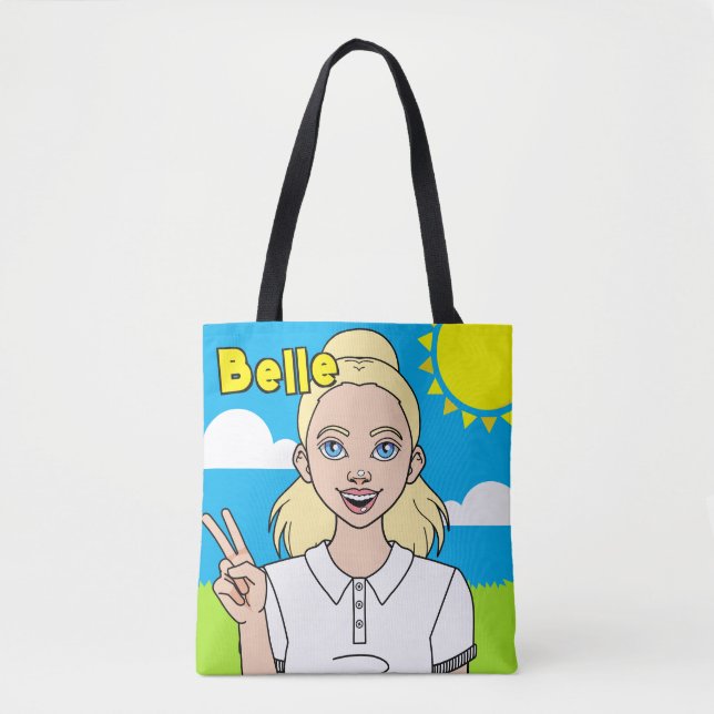 Tote Bag Caricature Cute Blonde Girl Nom de l'école Bibliot (Devant)