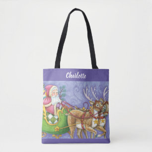 Tote Bag Caricature de Noël Santa Claus Sleigh Reindeer