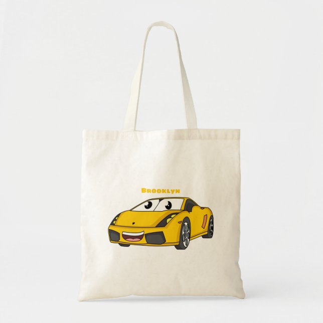 Tote Bag Caricature de voiture sport jaune joyeux (Devant)