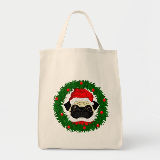 Tote Bag Carlin de Noël mignon Père Noël en couronne (Devant)