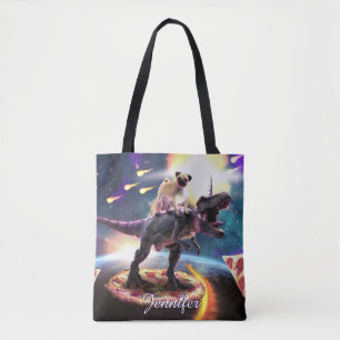 Tote Bag Carlin équitation dinosaur licorne dans l'espace