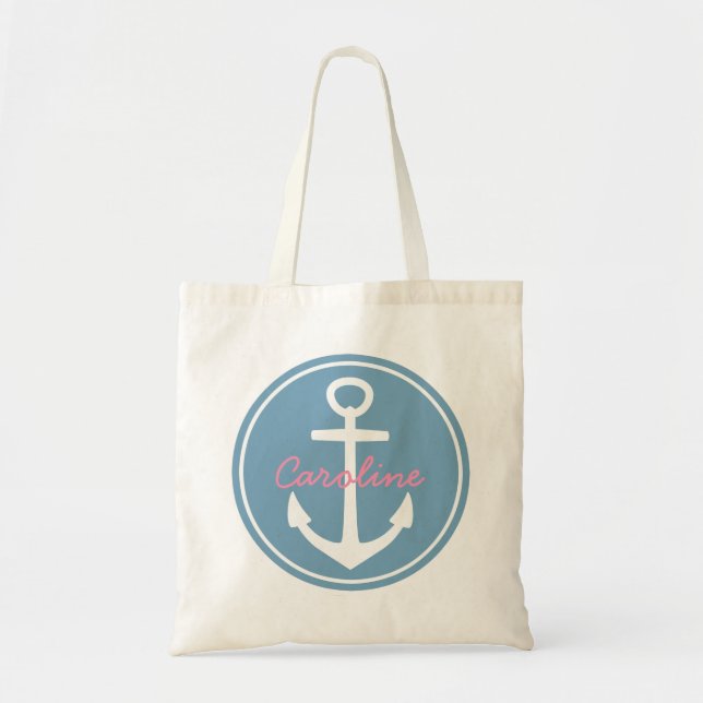 Tote Bag Carolina Bleu et Ancre blanche avec Happy Rose (Devant)
