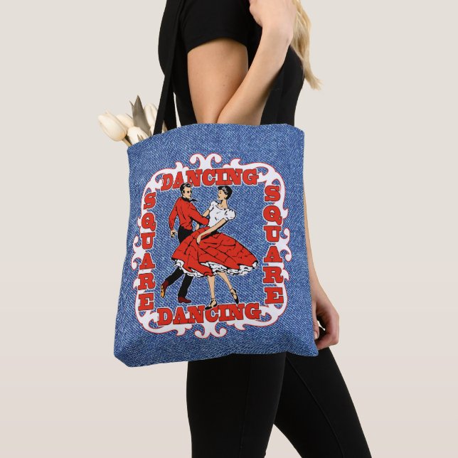 Tote Bag Carré Couple Dansant En Rouge/Faux Denim Arrière - (De près)