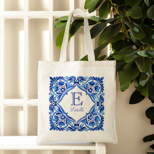 Tote Bag Carreau bleu azulejo Talavera vintage monogrammé