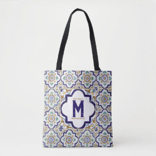 Tote Bag Carreaux d'ornement botanique Monogramme