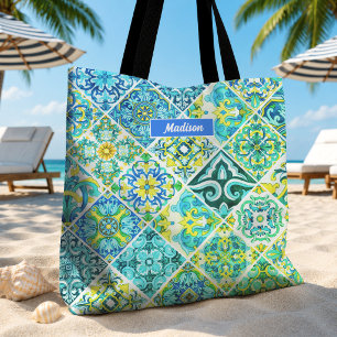 Tote Bag carreaux siciliens méditerranéens de couleur aqua