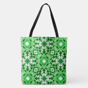 Tote Bag Carrelage marocain floral, émeraude et vert citron