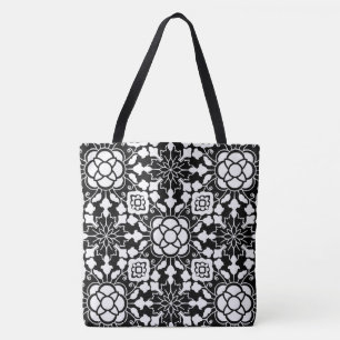 Tote Bag Carrelage marocain floral, noir et blanc
