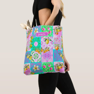 Tote Bag Carrelages floraux de collage d'agrumes rose chic
