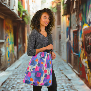 Tote Bag Carrés Abstraits en Bleu et Rose avec Géométrique