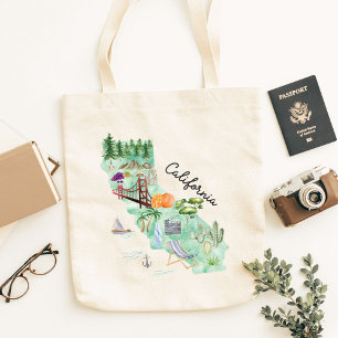 Tote Bag Carte artistique de l'État de Californie à l'aquar