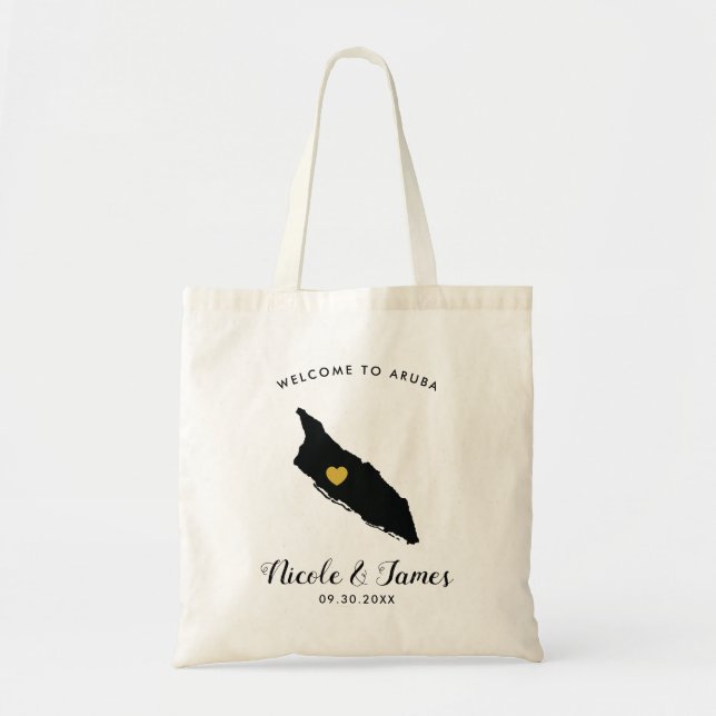 Tote Bag Carte Aruba Mariage de bienvenue Sac, Noir & Or (Devant)