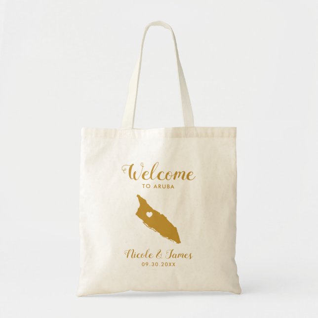 Tote Bag Carte Aruba Mariage de bienvenue Sac, Or (Devant)