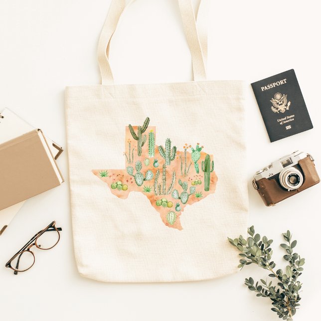 Tote Bag Carte de l'aquarelle de Texas Cactus (In situ)