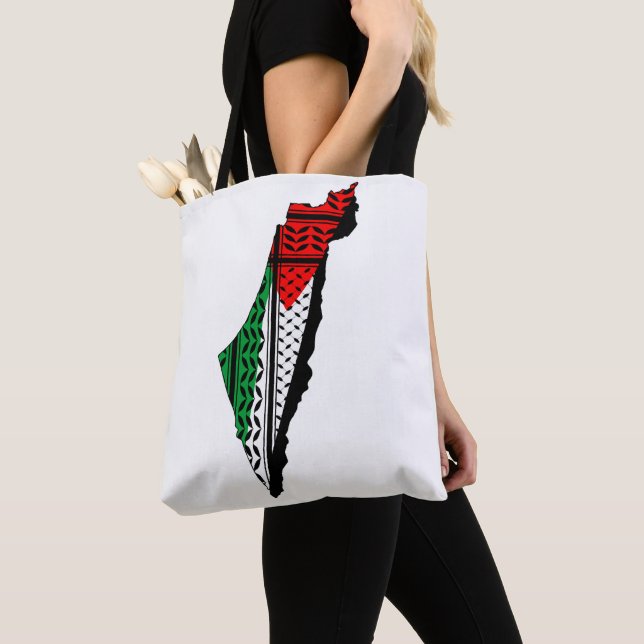 Tote Bag Carte de Palestine avec drapeau et Motif Keffiyeg (De près)
