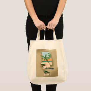 Tote Bag Carte du Ghana illustrée affiche de voyage.