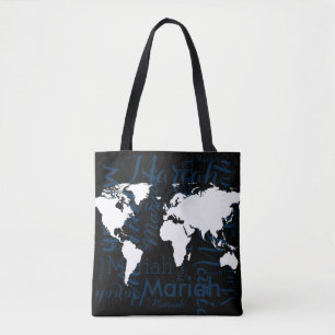 Tote Bag carte du monde & motif de noms sur noir