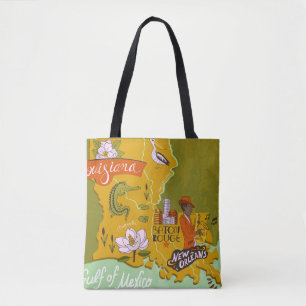 Tote Bag Carte illustrée de la Louisiane : faits saillants