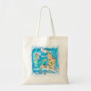 Tote Bag Carte illustrée de Santorin Grèce avec les princip