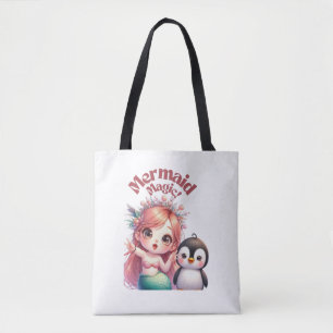 Tote Bag Carte magique de la sirène de Noël avec un manchot