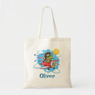 Tote Bag Cartoon Dinosaur Pilot Flying Red Airplane