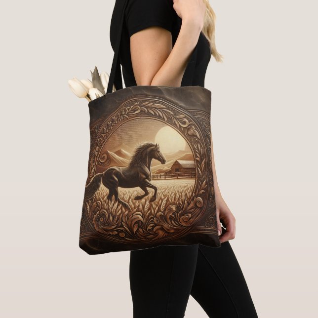 Tote Bag Carving En Cuir, Ranch À Cheval (De près)