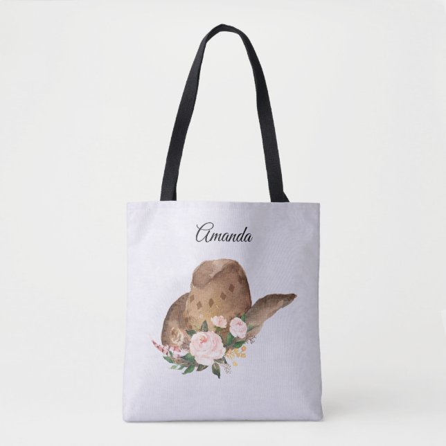 Tote Bag Casquette Brown Cowgirl avec fleurs roses (Devant)