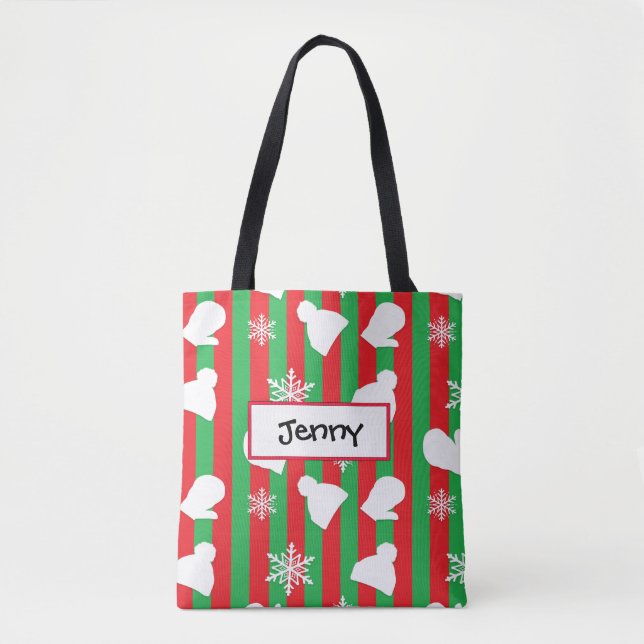 Tote Bag Casquettes d'hiver, Mittens de Noël et Flocon blan (Devant)