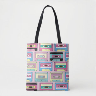 Tote Bag cassettes colorées, motif arrière - plan rose.