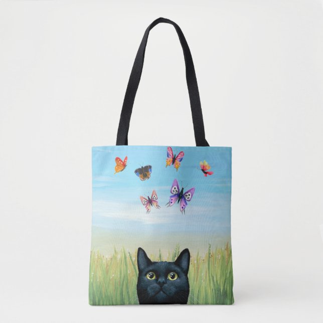 Tote Bag Cat 606 papillons de chat noir (Devant)
